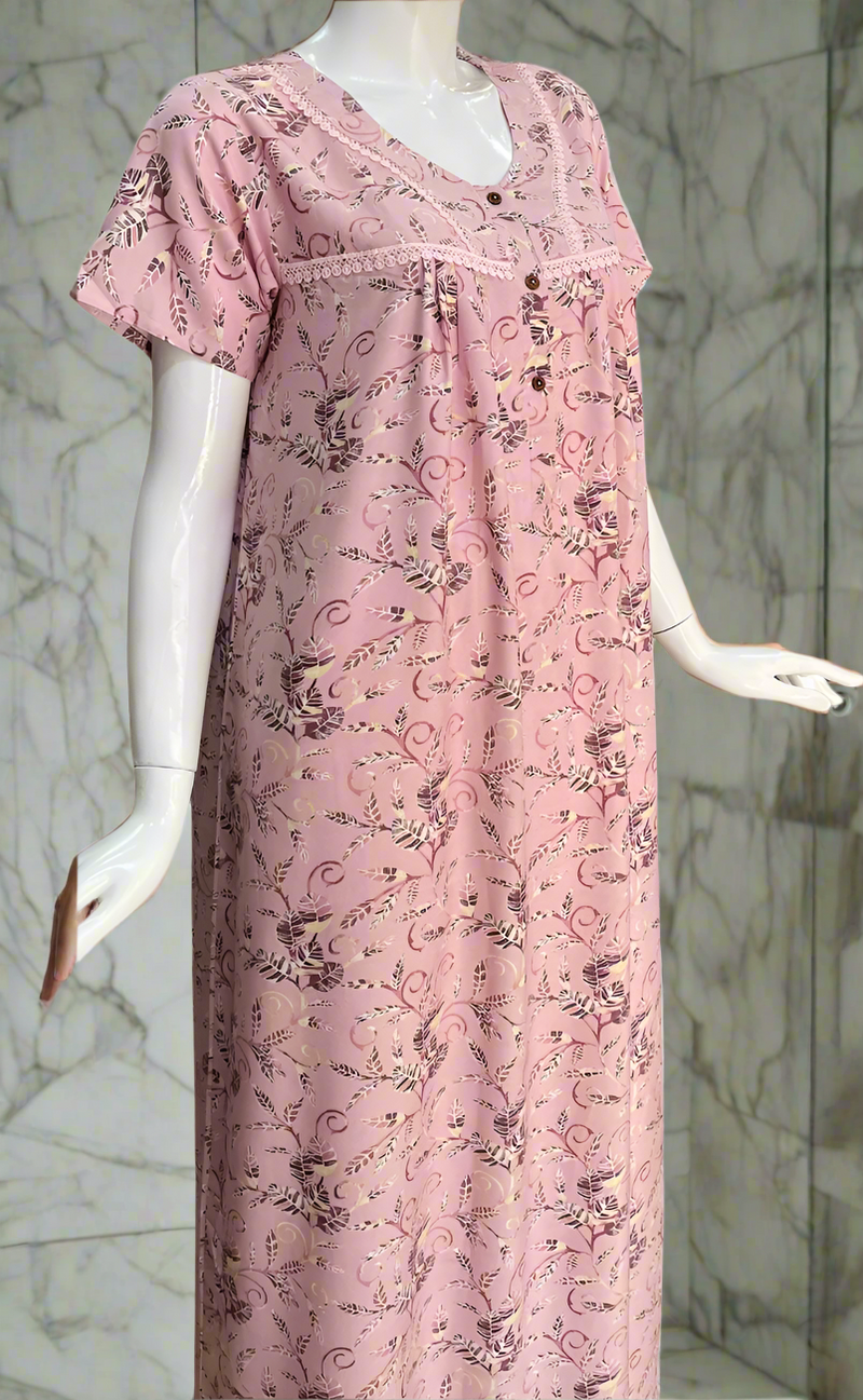 Pink Leafy Spun  Nighty. Flowy Spun Fabric | Laces and Frills