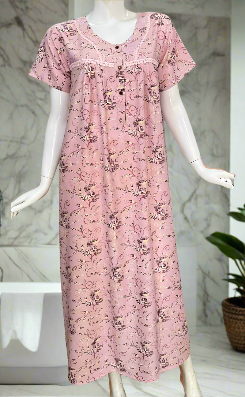 Pink Leafy Spun  Nighty. Flowy Spun Fabric | Laces and Frills