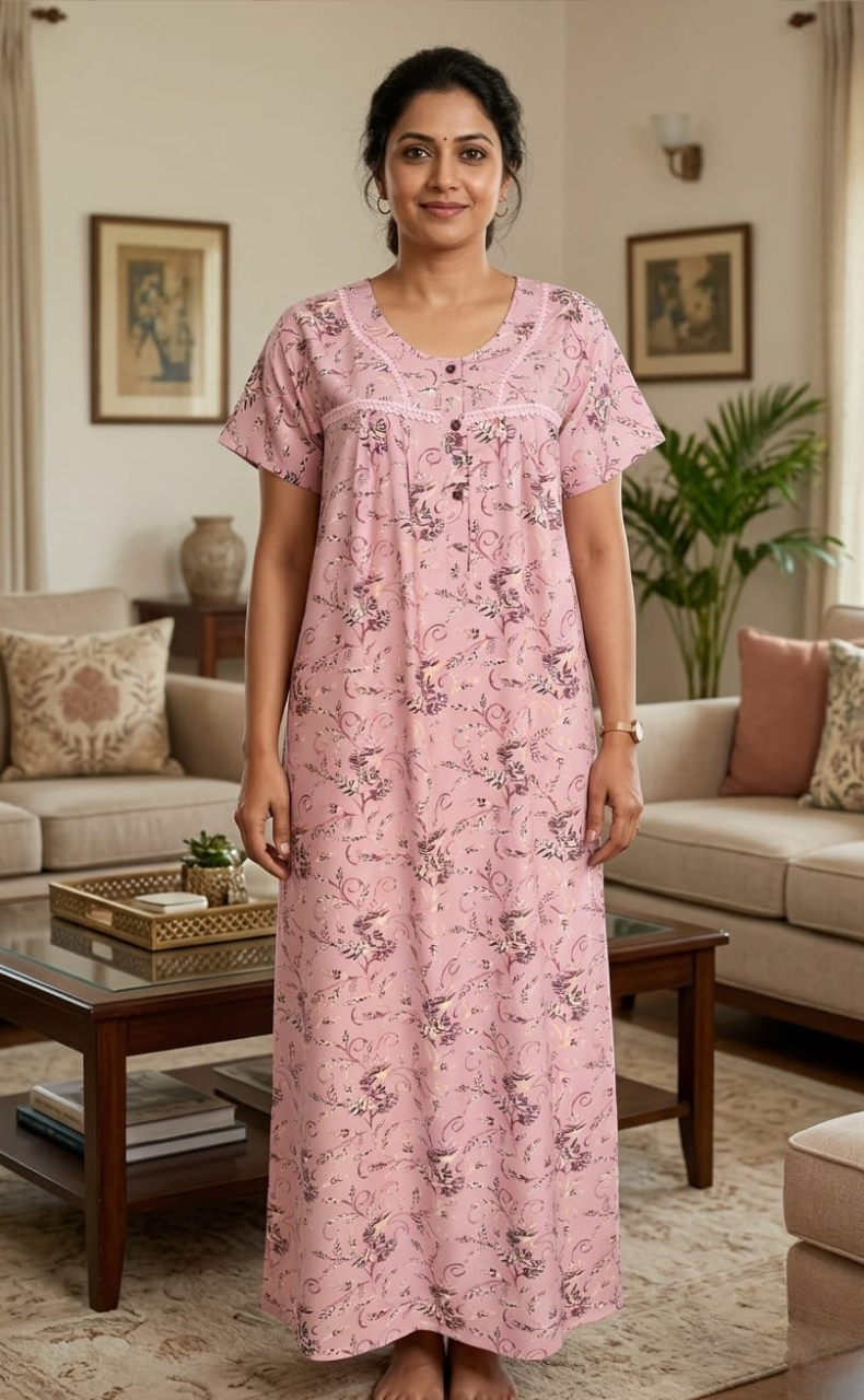 Pink Leafy Spun  Nighty. Flowy Spun Fabric | Laces and Frills