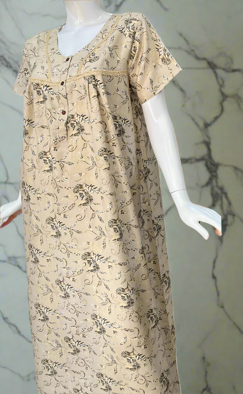 Cream Leafy Spun  Nighty. Flowy Spun Fabric | Laces and Frills