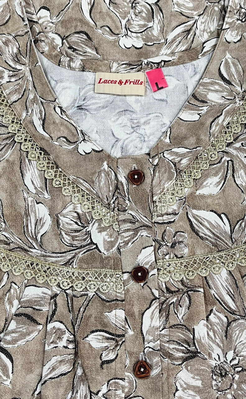 Beige Leafy Spun  Nighty. Flowy Spun Fabric | Laces and Frills