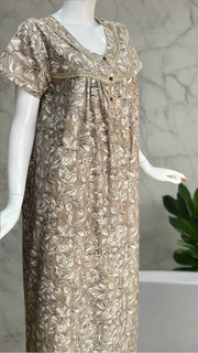 Beige Leafy Spun  Nighty. Flowy Spun Fabric | Laces and Frills