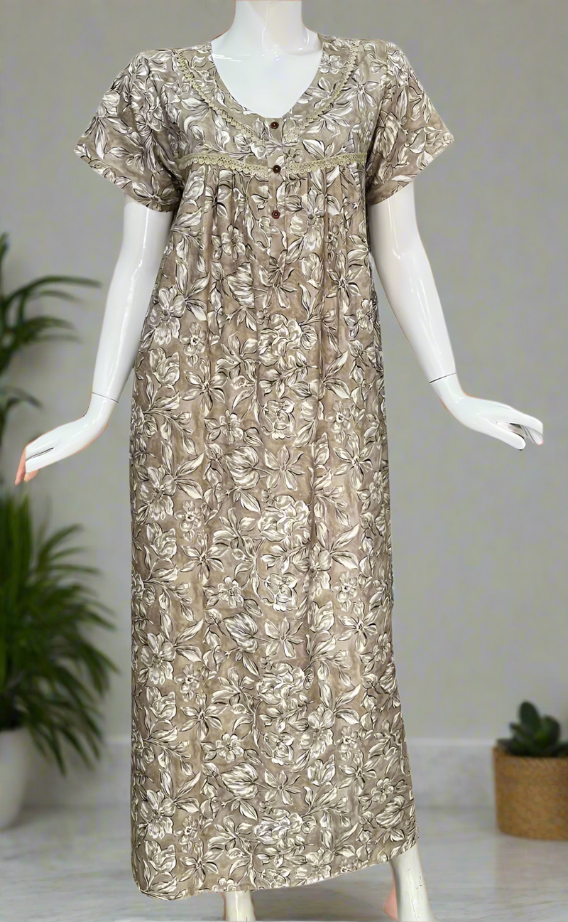 Beige Leafy Spun  Nighty. Flowy Spun Fabric | Laces and Frills