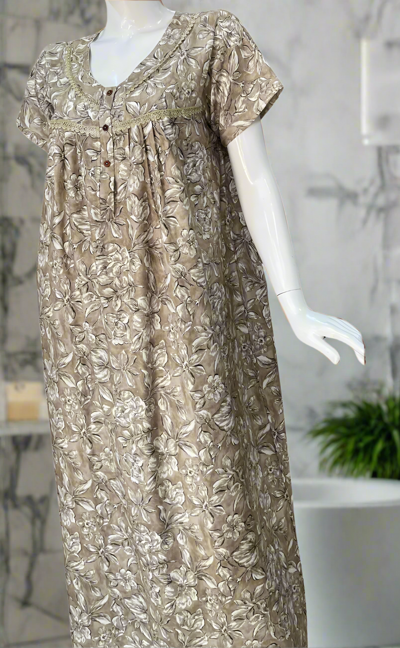 Beige Leafy Spun  Nighty. Flowy Spun Fabric | Laces and Frills