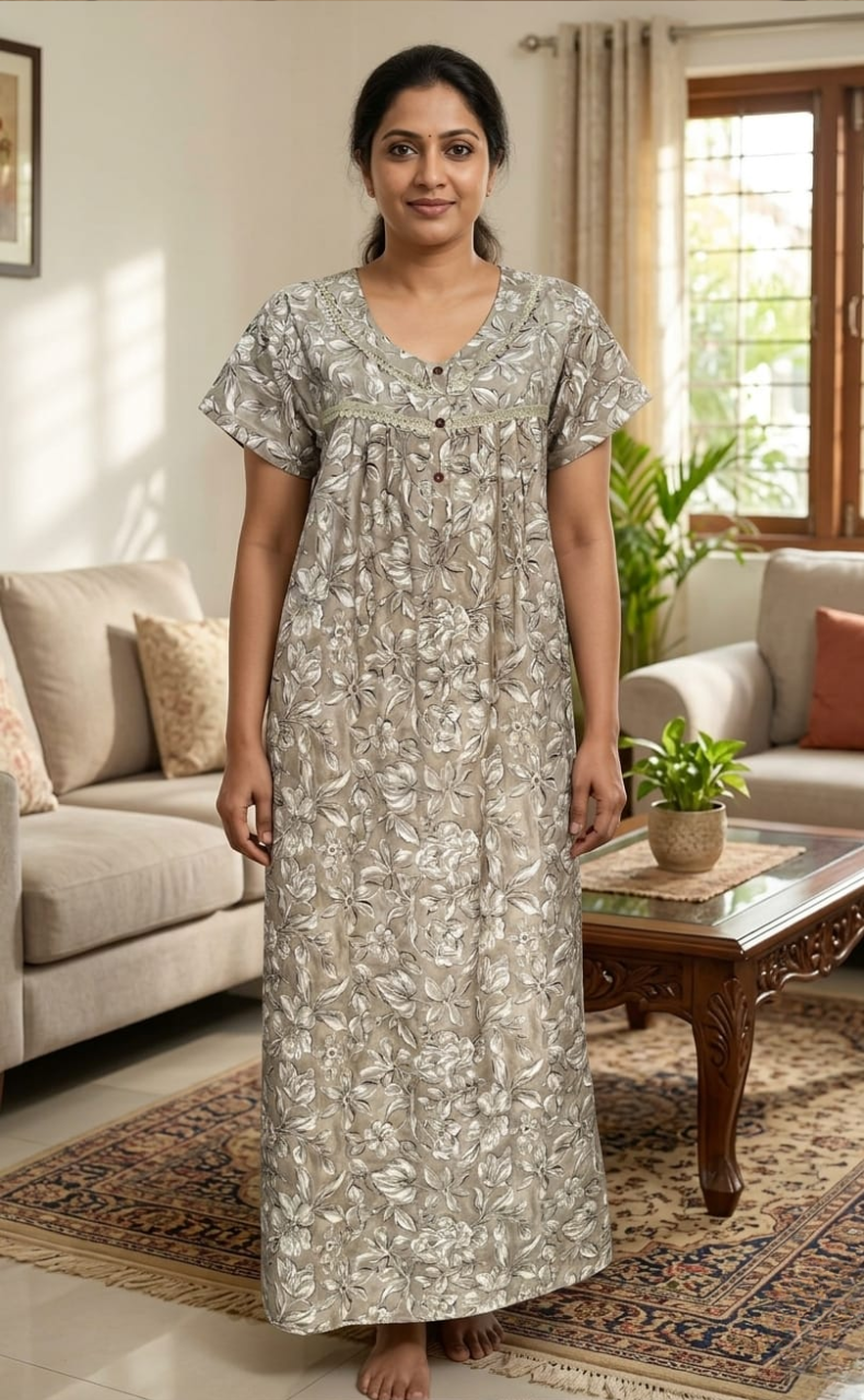 Beige Leafy Spun  Nighty. Flowy Spun Fabric | Laces and Frills