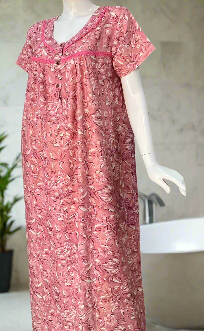 Pink Leafy Spun  Nighty. Flowy Spun Fabric | Laces and Frills