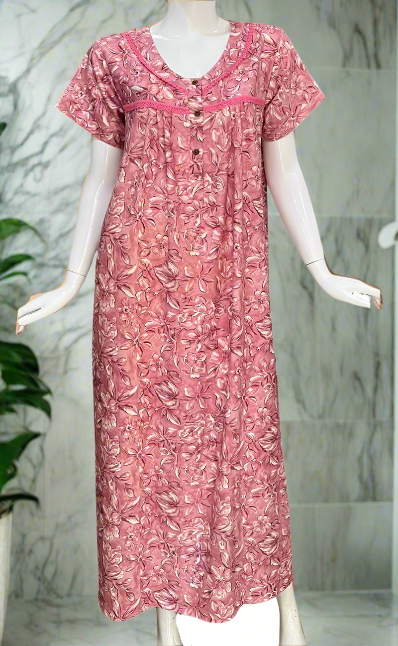 Pink Leafy Spun  Nighty. Flowy Spun Fabric | Laces and Frills