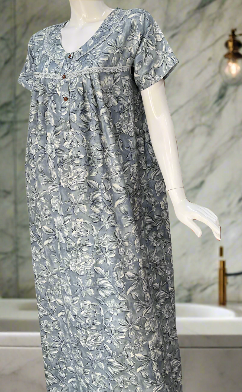 Blue Leafy Spun  Nighty. Flowy Spun Fabric | Laces and Frills