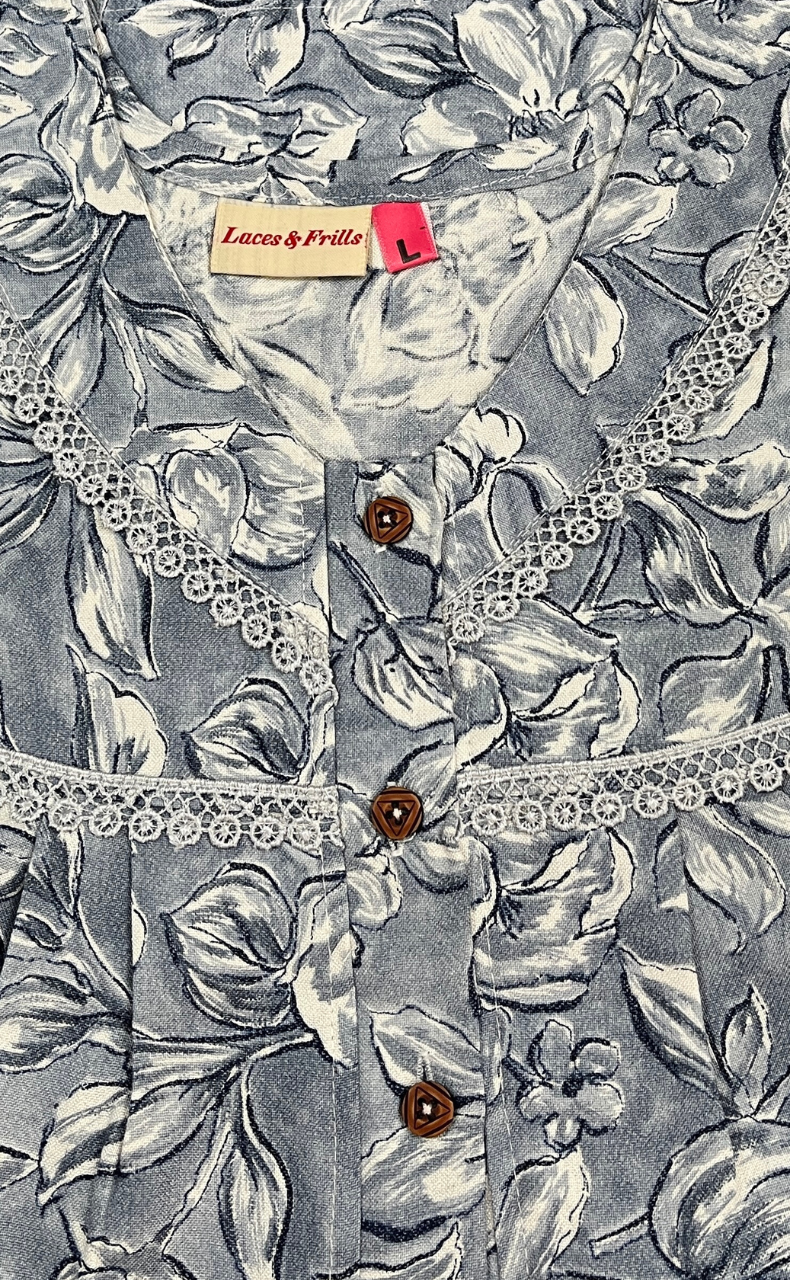 Blue Leafy Spun  Nighty. Flowy Spun Fabric | Laces and Frills