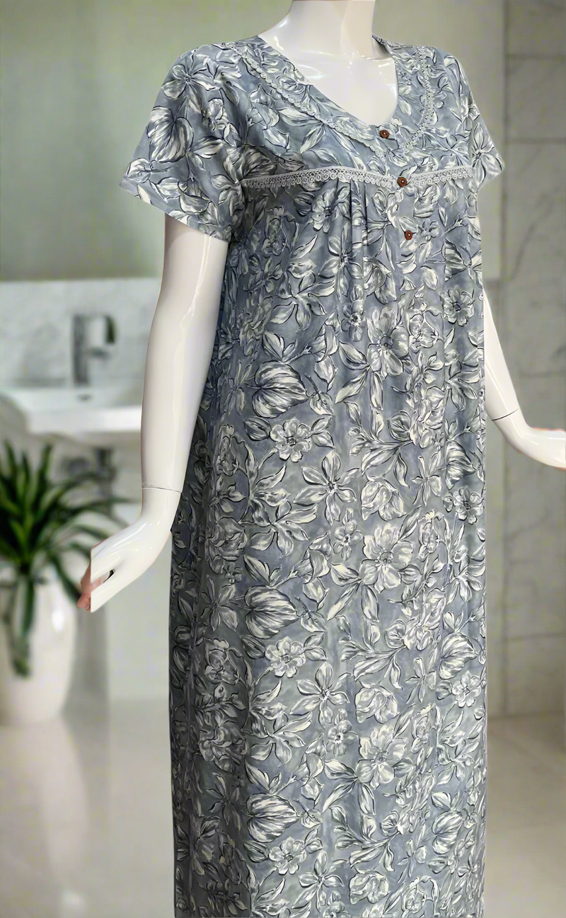 Blue Leafy Spun  Nighty. Flowy Spun Fabric | Laces and Frills