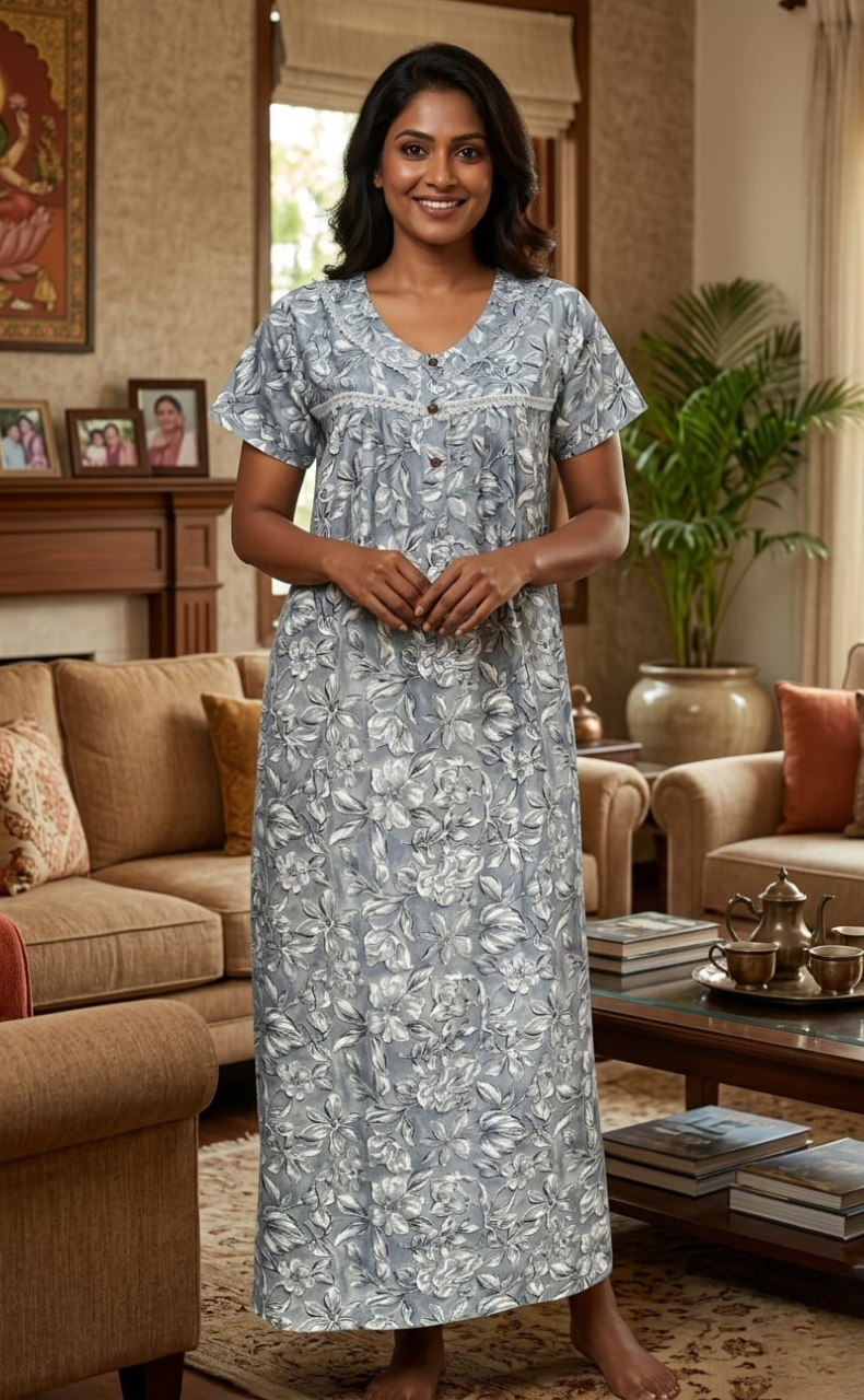 Blue Leafy Spun  Nighty. Flowy Spun Fabric | Laces and Frills
