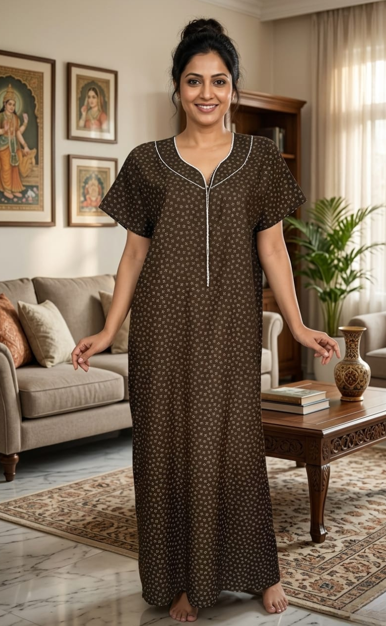 Brown Floral Spun Nighty. Flowy Spun Fabric | Laces and Frills