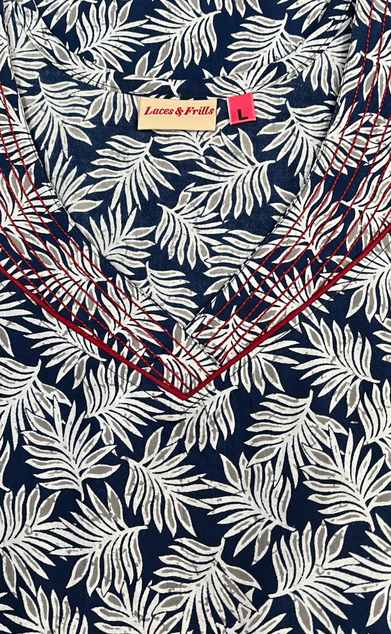 Blue Leafy Pure Cotton Nighty. Pure Durable Cotton | Laces and Frills