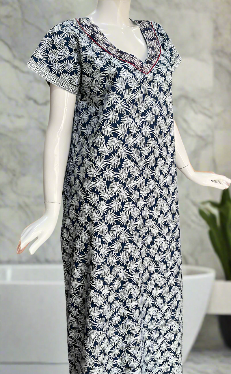 Blue Leafy Pure Cotton Nighty. Pure Durable Cotton | Laces and Frills