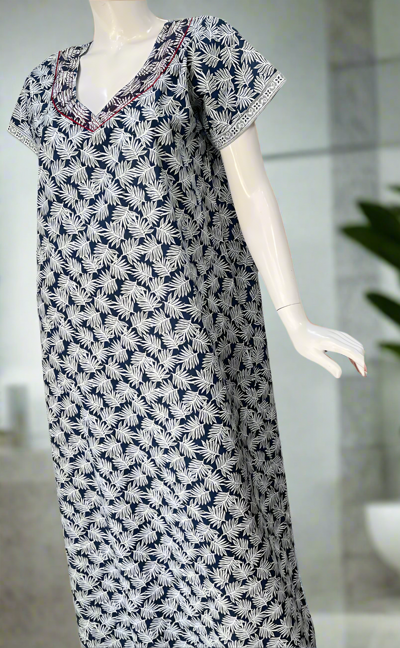 Blue Leafy Pure Cotton Nighty. Pure Durable Cotton | Laces and Frills