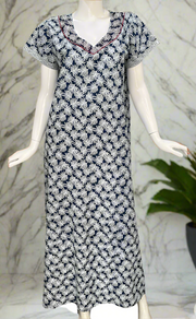 Blue Leafy Pure Cotton Nighty. Pure Durable Cotton | Laces and Frills