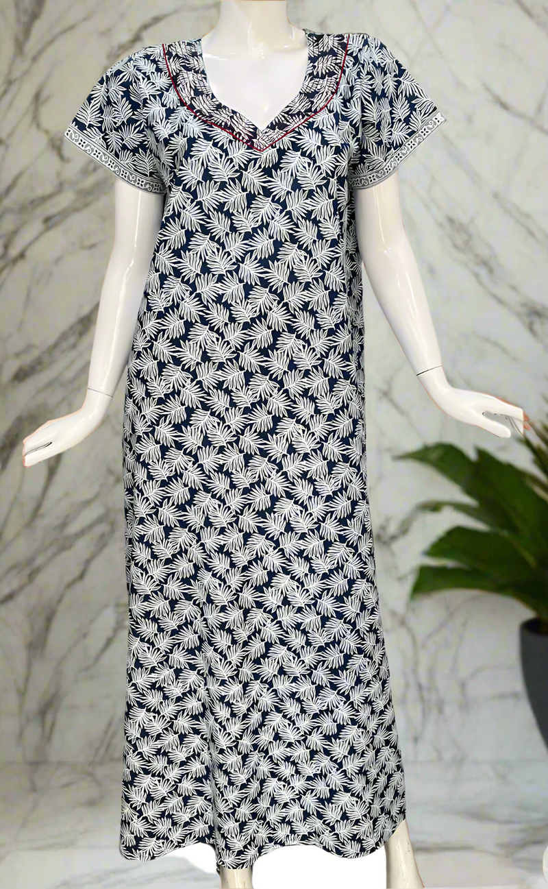 Blue Leafy Pure Cotton Nighty. Pure Durable Cotton | Laces and Frills