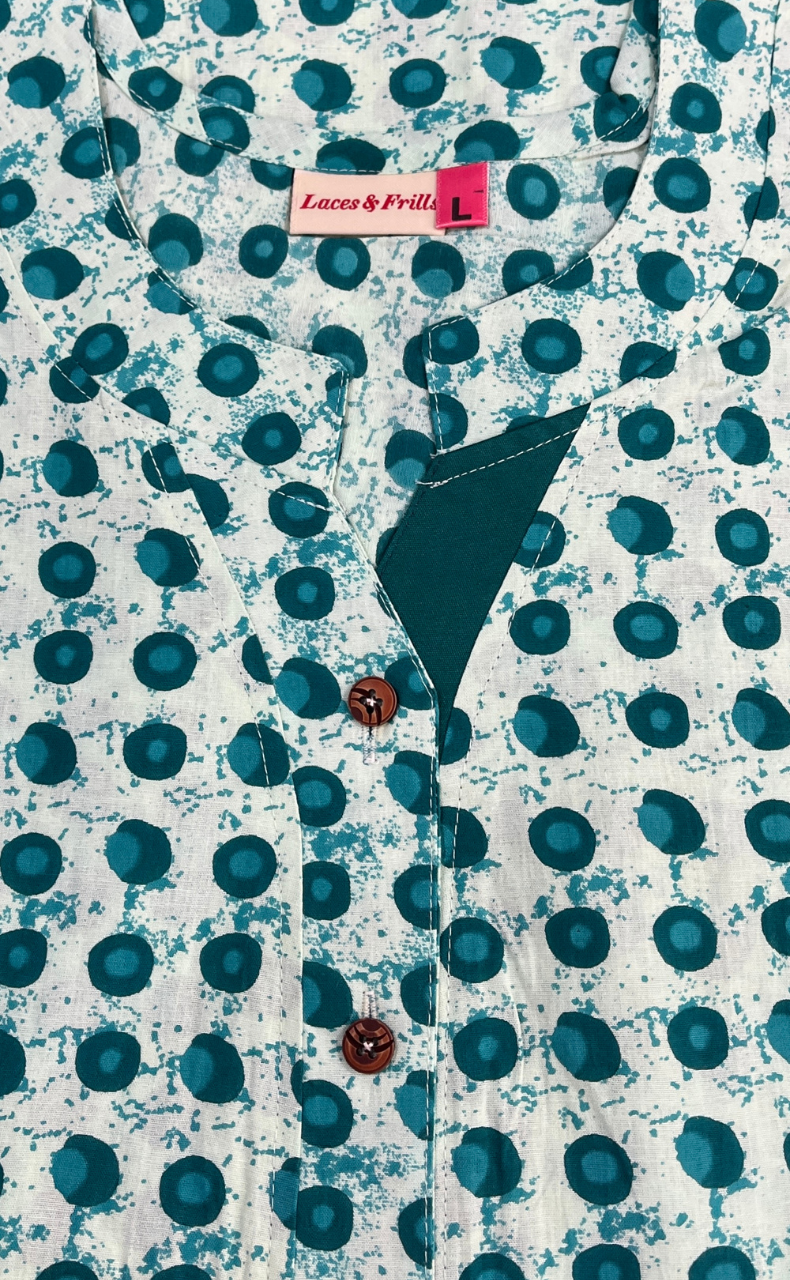 Sea Green Dots Pure Cotton Nighty. Pure Durable Cotton | Laces and Frills