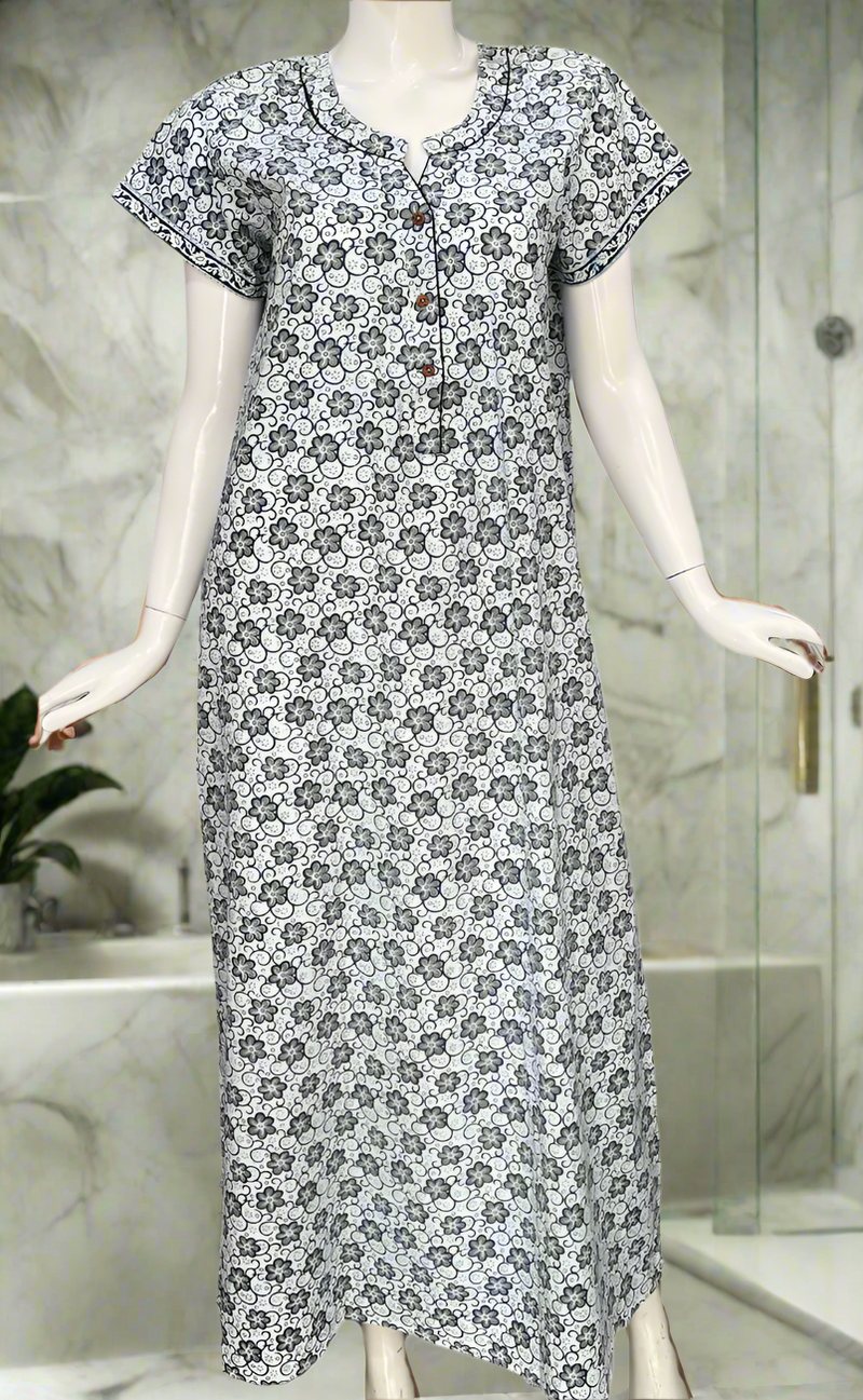 White/Blue Garden Pure Cotton Nighty. Pure Durable Cotton | Laces and Frills