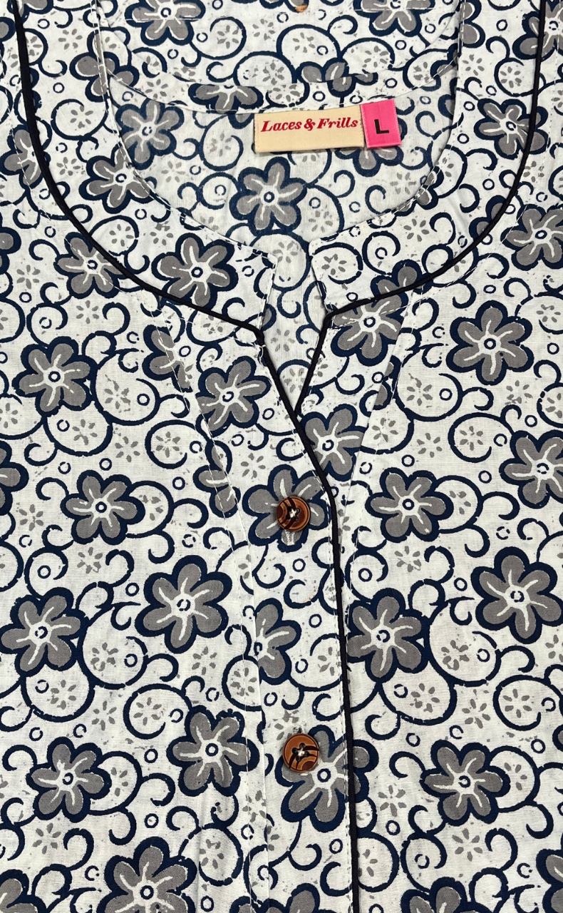 White/Blue Garden Pure Cotton Nighty. Pure Durable Cotton | Laces and Frills