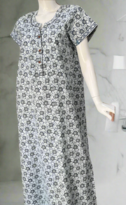 White/Blue Garden Pure Cotton Nighty. Pure Durable Cotton | Laces and Frills