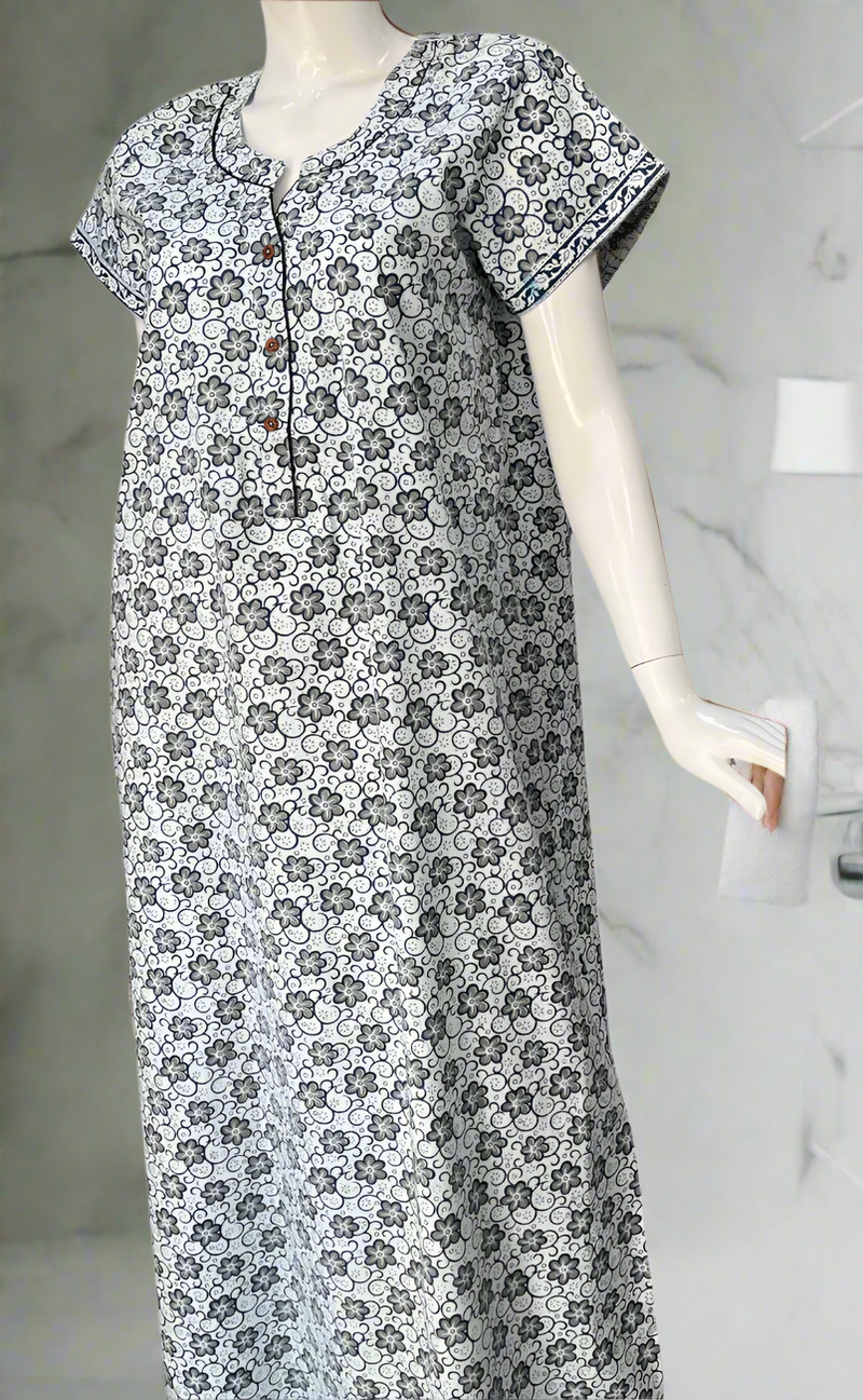 White/Blue Garden Pure Cotton Nighty. Pure Durable Cotton | Laces and Frills