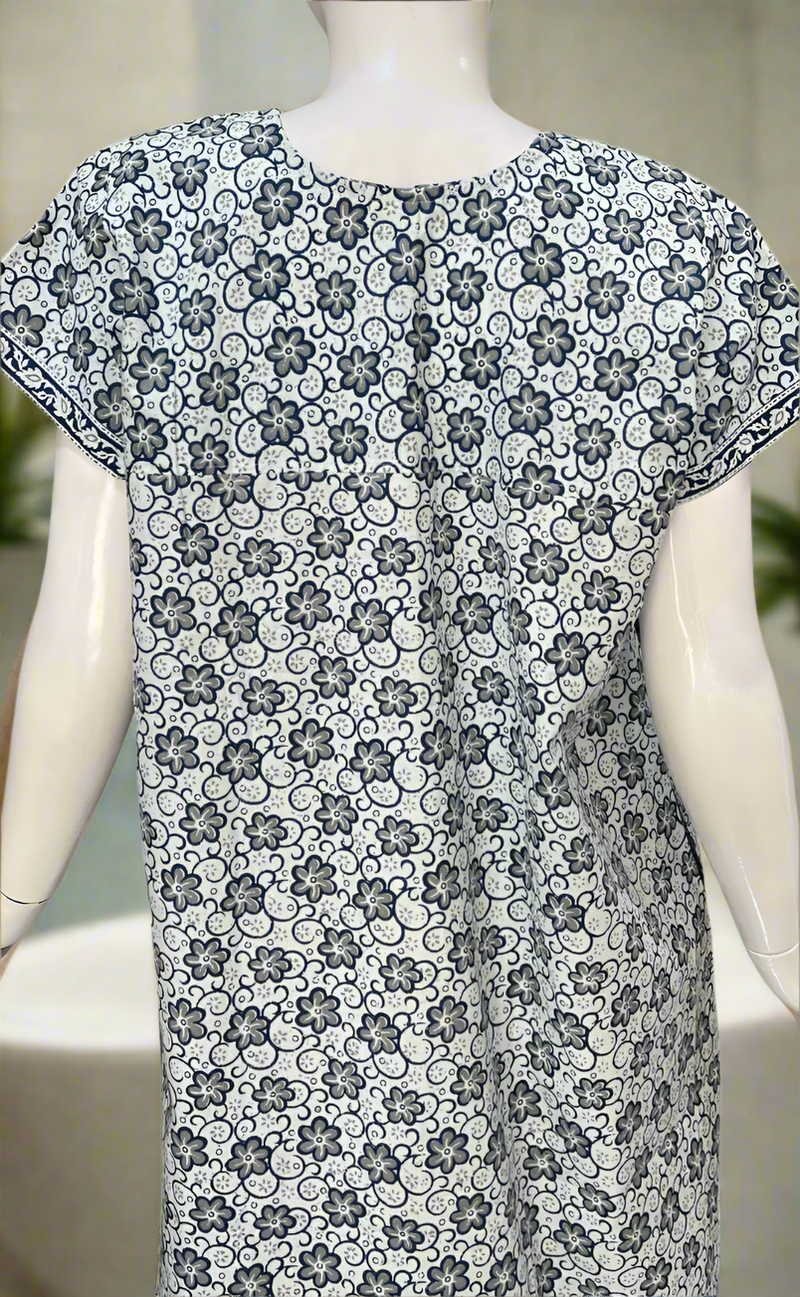 White/Blue Garden Pure Cotton Nighty. Pure Durable Cotton | Laces and Frills