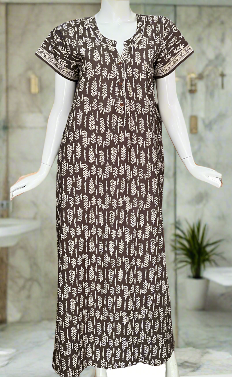 Brown Leafy Pure Cotton Nighty. Pure Durable Cotton | Laces and Frills