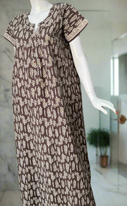 Brown Leafy Pure Cotton Nighty. Pure Durable Cotton | Laces and Frills