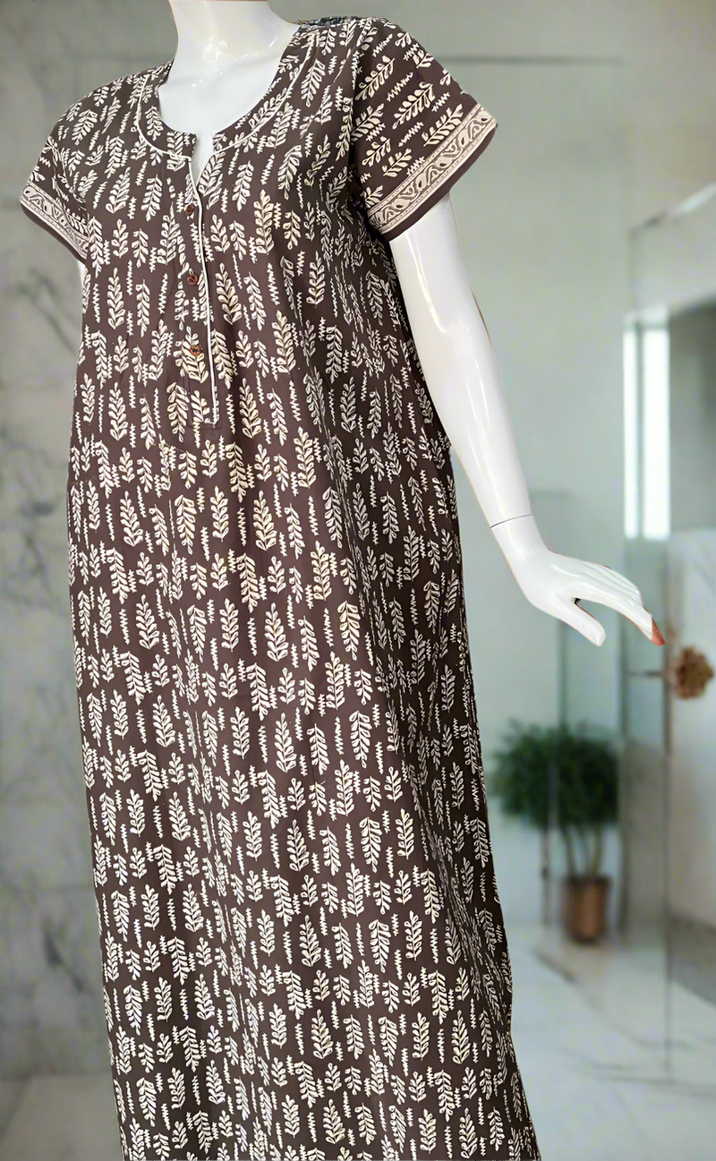 Brown Leafy Pure Cotton Nighty. Pure Durable Cotton | Laces and Frills