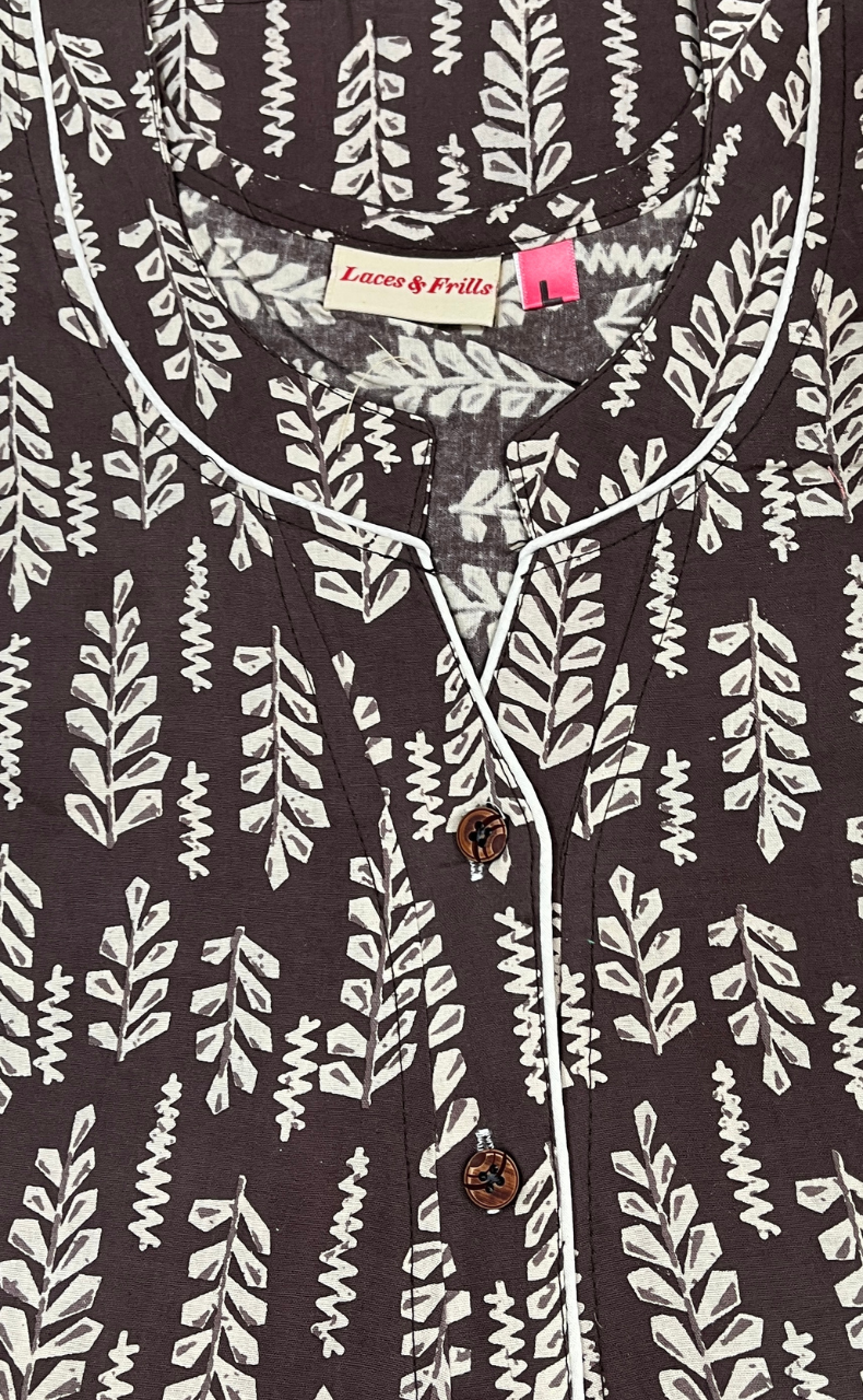 Brown Leafy Pure Cotton Nighty. Pure Durable Cotton | Laces and Frills