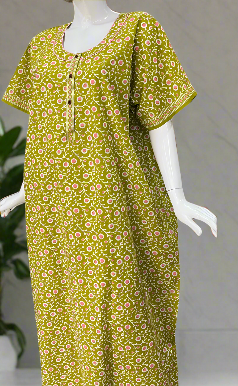 Lime Green Jaipura Pure Cotton Nighty. Pure Durable Cotton | Laces and Frills