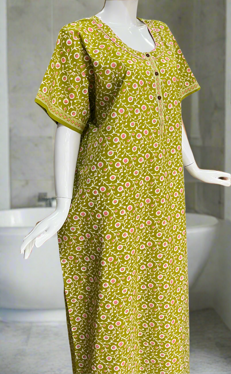Lime Green Jaipura Pure Cotton Nighty. Pure Durable Cotton | Laces and Frills