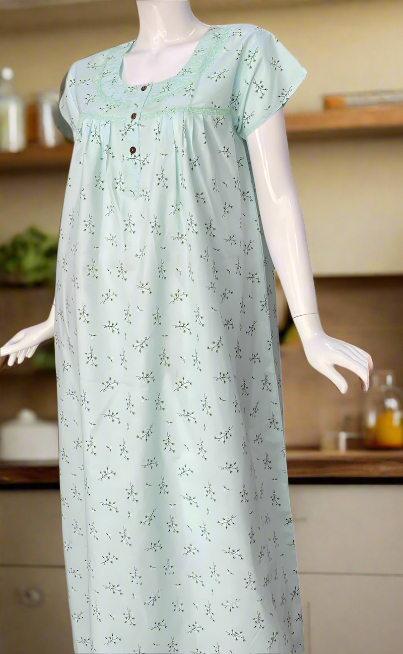 Sea Green Boutique Cotton Nighty. Cotton Fabric | Laces and Frills