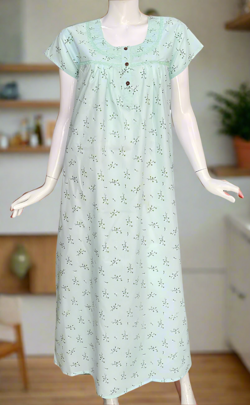 Sea Green Boutique Cotton Nighty. Cotton Fabric | Laces and Frills