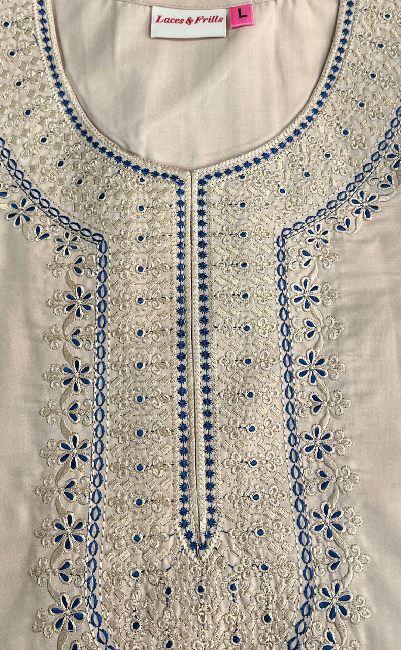 Cream/Blue Embroidery Soft Cotton Nighty. Soft Breathable Fabric | Laces and Frills