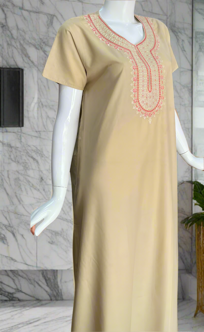 Cream/Red Embroidery Soft Cotton Nighty. Soft Breathable Fabric | Laces and Frills