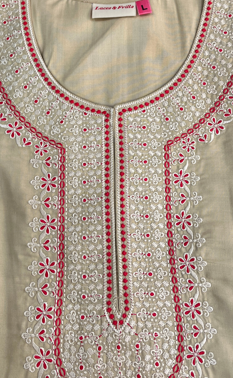 Cream/Red Embroidery Soft Cotton Nighty. Soft Breathable Fabric | Laces and Frills