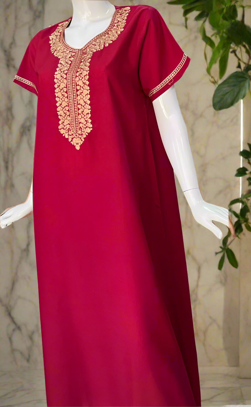 Bright Maroon Embroidery Soft Cotton Nighty. Soft Breathable Fabric | Laces and Frills