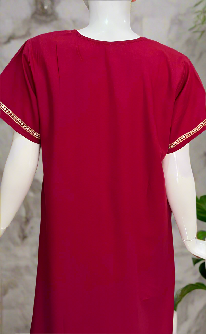 Bright Maroon Embroidery Soft Cotton Nighty. Soft Breathable Fabric | Laces and Frills