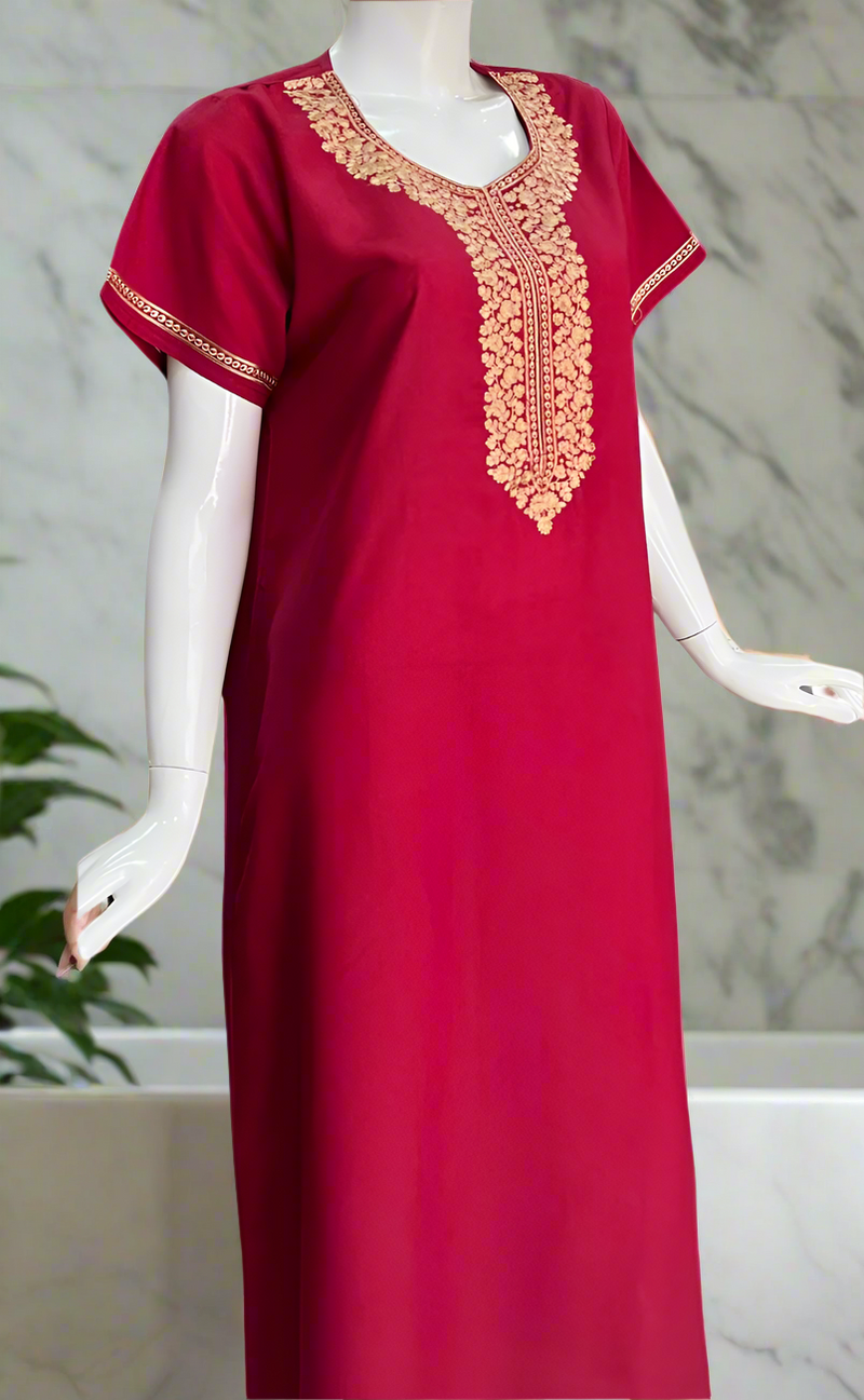 Bright Maroon Embroidery Soft Cotton Nighty. Soft Breathable Fabric | Laces and Frills