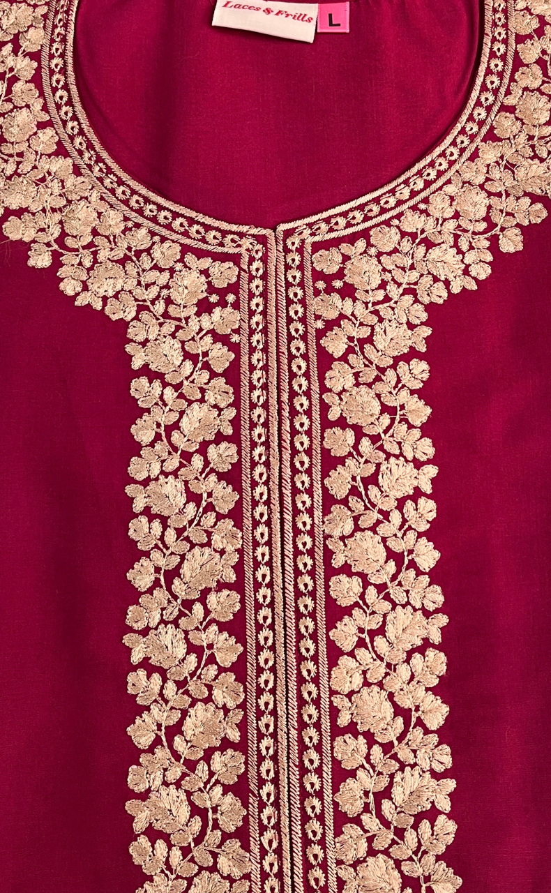 Bright Maroon Embroidery Soft Cotton Nighty. Soft Breathable Fabric | Laces and Frills