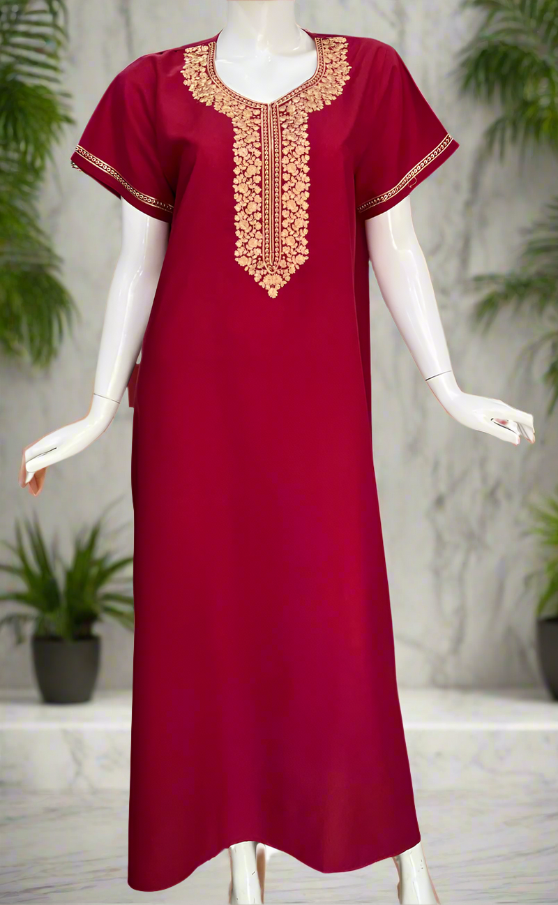 Bright Maroon Embroidery Soft Cotton Nighty. Soft Breathable Fabric | Laces and Frills