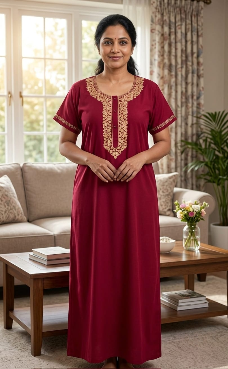 Bright Maroon Embroidery Soft Cotton Nighty. Soft Breathable Fabric | Laces and Frills
