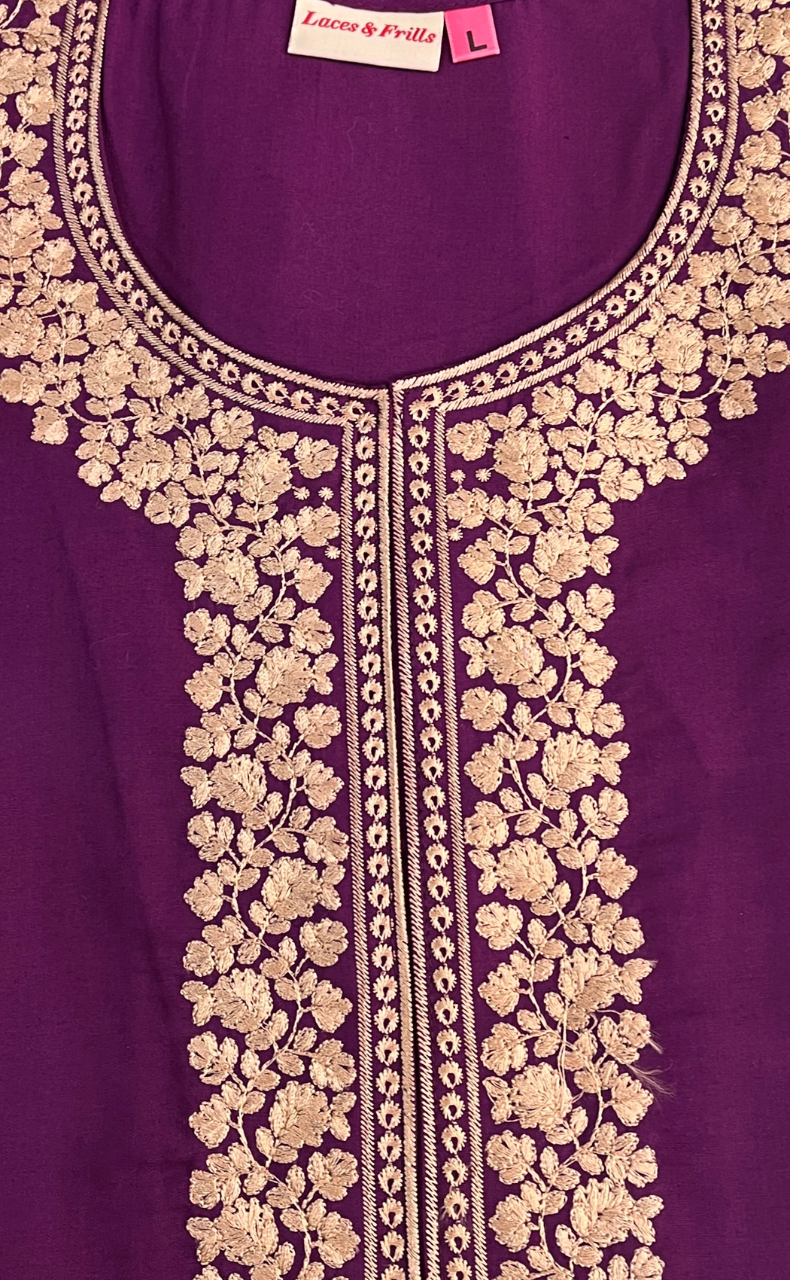 Violet Embroidery Soft Cotton Nighty. Soft Breathable Fabric | Laces and Frills