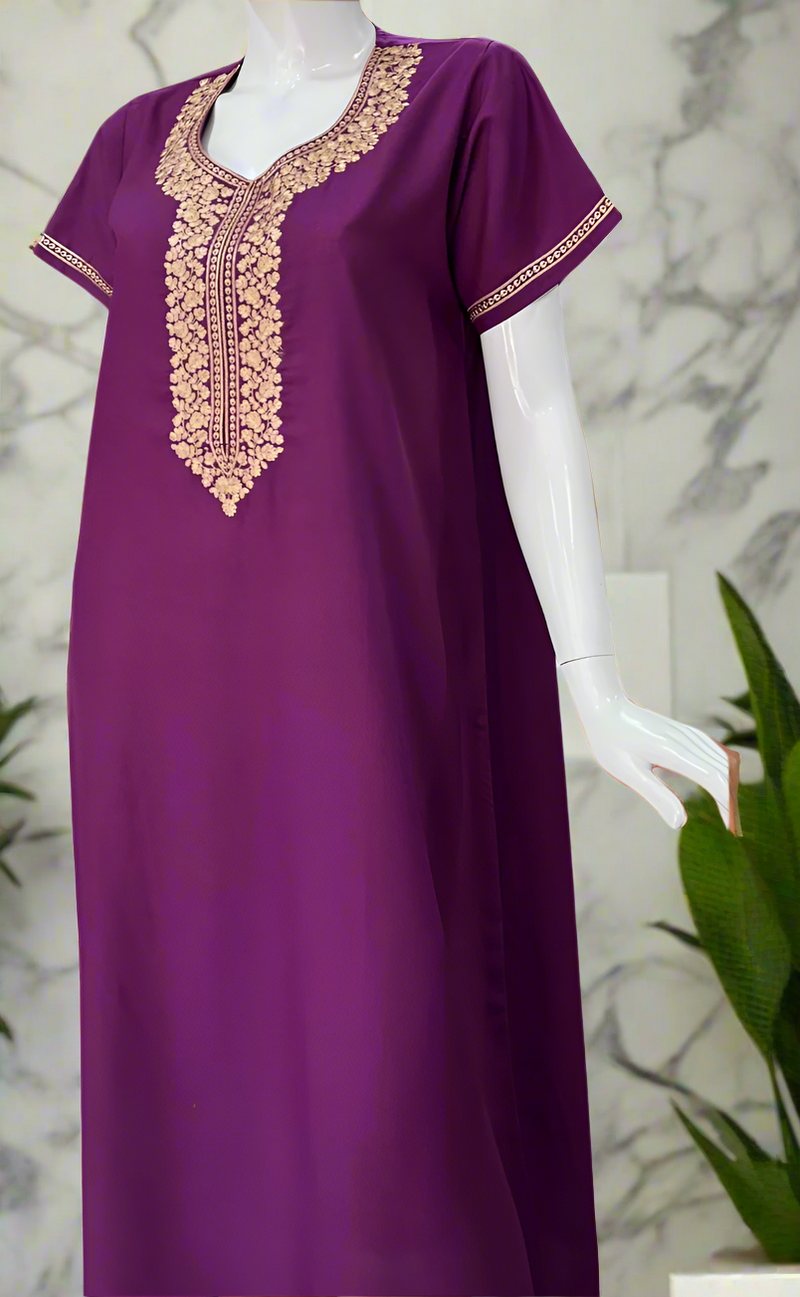 Violet Embroidery Soft Cotton Nighty. Soft Breathable Fabric | Laces and Frills