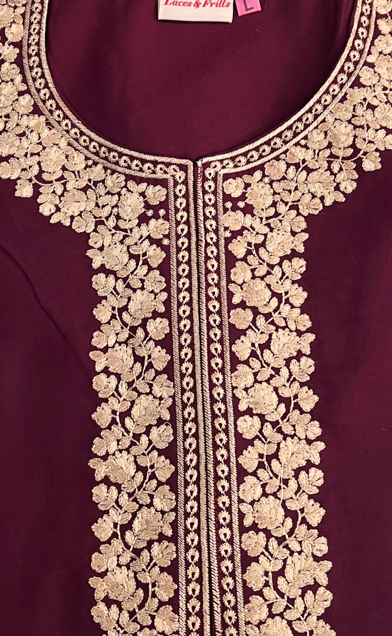 Dark Maroon Embroidery Soft Cotton Nighty. Soft Breathable Fabric | Laces and Frills