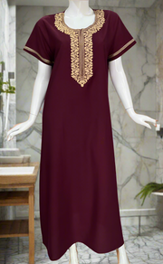 Dark Maroon Embroidery Soft Cotton Nighty. Soft Breathable Fabric | Laces and Frills