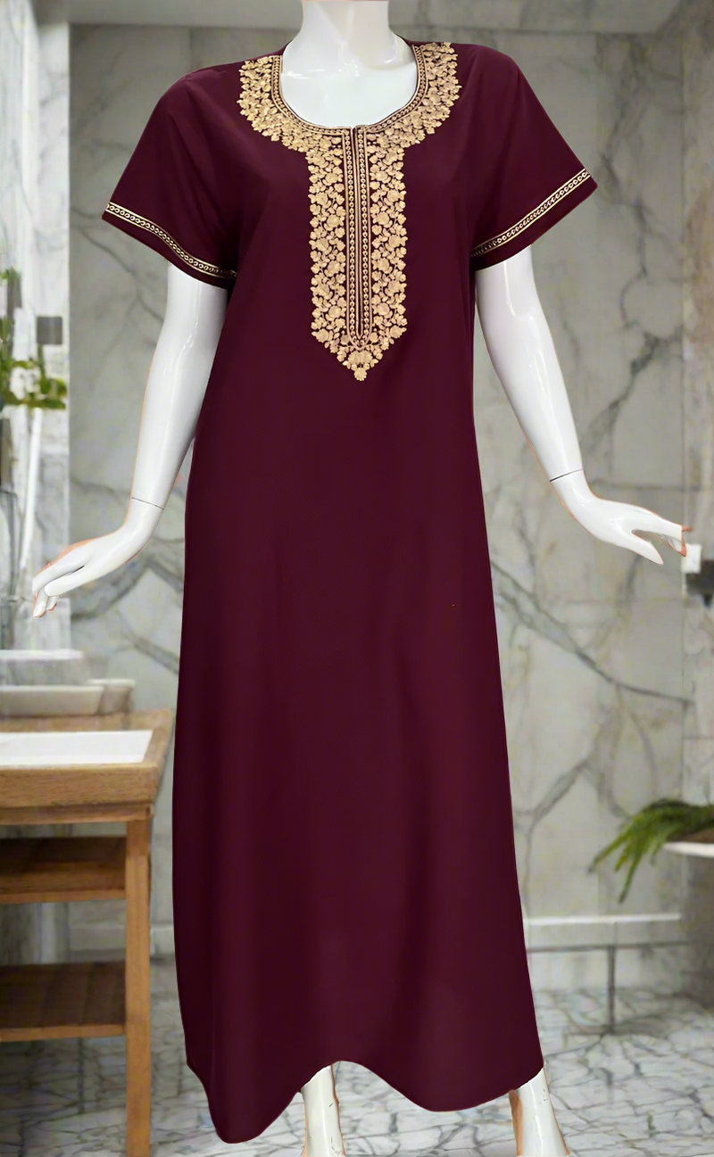 Dark Maroon Embroidery Soft Cotton Nighty. Soft Breathable Fabric | Laces and Frills