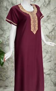 Dark Maroon Embroidery Soft Cotton Nighty. Soft Breathable Fabric | Laces and Frills